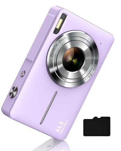 Digital Camera FHD 1080P, Camkory Kids Camera 44MP Point and Shoot Digital Cameras with 32GB Card, 16X Zoom, Two Batteries, Lanyard, Compact Small Camera Gift for Kids Boys Girls Students, Purple