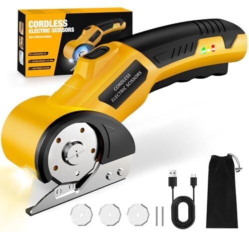 Zeleki Cordless Electric Scissors: 4V Rechargeable Cardboard Cutter, 3 Blades, Safety Lock & LED Light, Box Cutter for Carton Carpet Plastic Fabric Leather(Yellow）