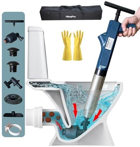 HimaPro High Pressure Toilet Plunger Air Drain Blaster Kit Blue Handle - Unclog Toilets, Kitchen Sinks, Shower Drains, and Pipes with Ease - Bonus Rubber Gloves Included