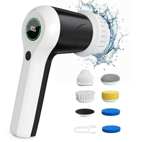 PUFTEM Electric Spin Scrubber, Cordless Shower Scrubber with Battery Level Display, 2 Speeds Electric Scrubber for Cleaning with 6 Replaceable Heads, Cleaning Brush for Bathroom/Sink/Window