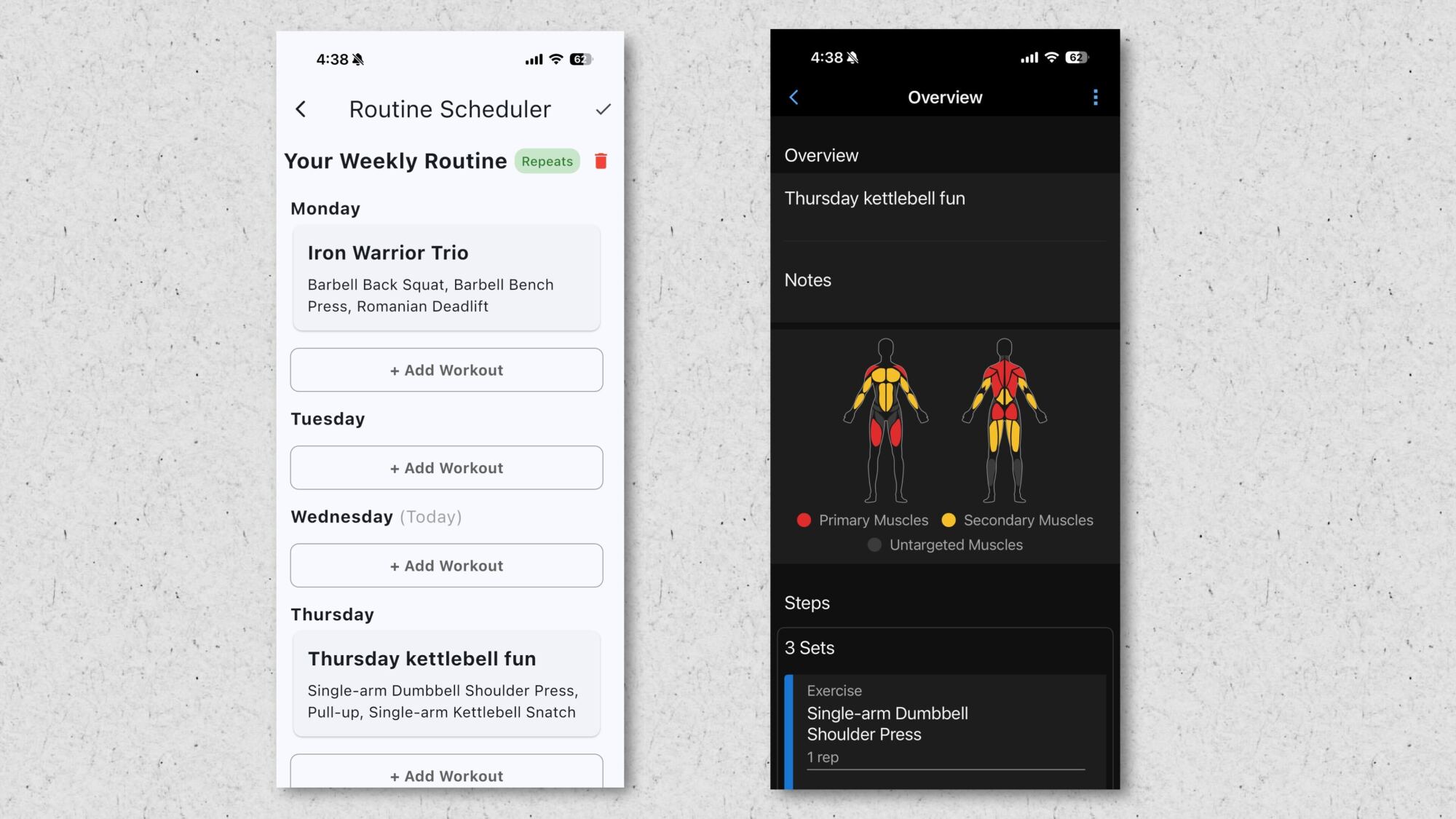 Screenshots from the LiftTrack app