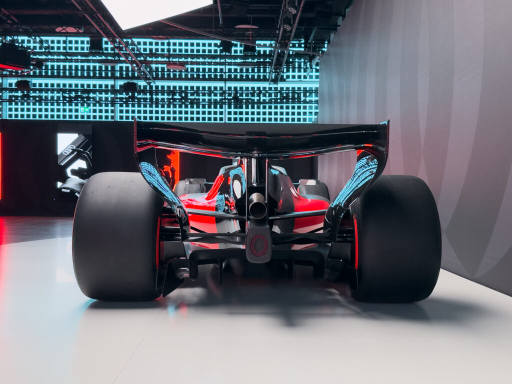 Audi's 2026 F1 livery on a show car, seen from the rear