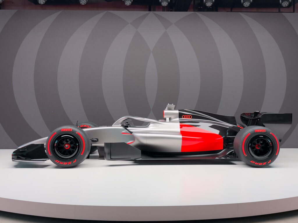 Audi's 2026 F1 livery on a show car, seen in profile
