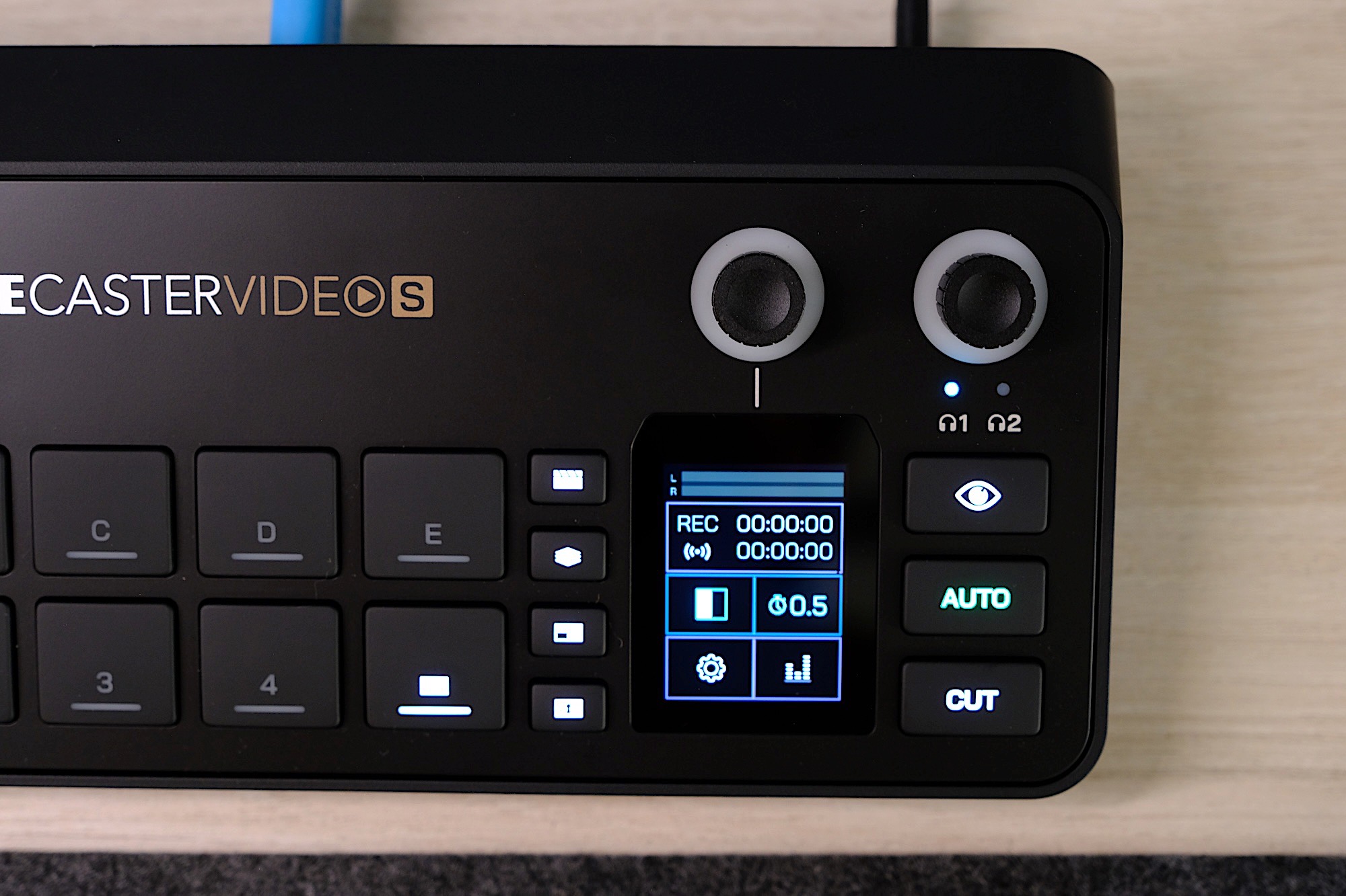 The Rodecaster Video S has a tiny display for menus and settings.