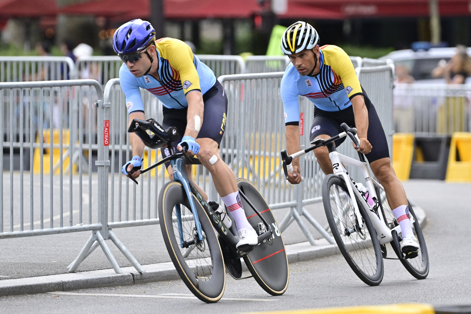 Belgian cyclist Wout van Aert and coach Sven Vanthourenhout pictured during a training session for the individual time trial cycling event, during preparations ahead of the Paris 2024 Olympic Games, in Paris, Wednesday 24 July 2024. The 2024 Summer Olympics take place in Paris from 26 July to 11 August. The Belgian delegation counts 165 athletes in 21 sports. BELGA PHOTO DIRK WAEM (Photo by DIRK WAEM / BELGA MAG / Belga via AFP) (Photo by DIRK WAEM/BELGA MAG/AFP via Getty Images)