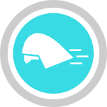 A simple white helmet with a visor, shown in profile with three lines behind it to indicate speed, centered on a turquoise circle with a gray and white border.
