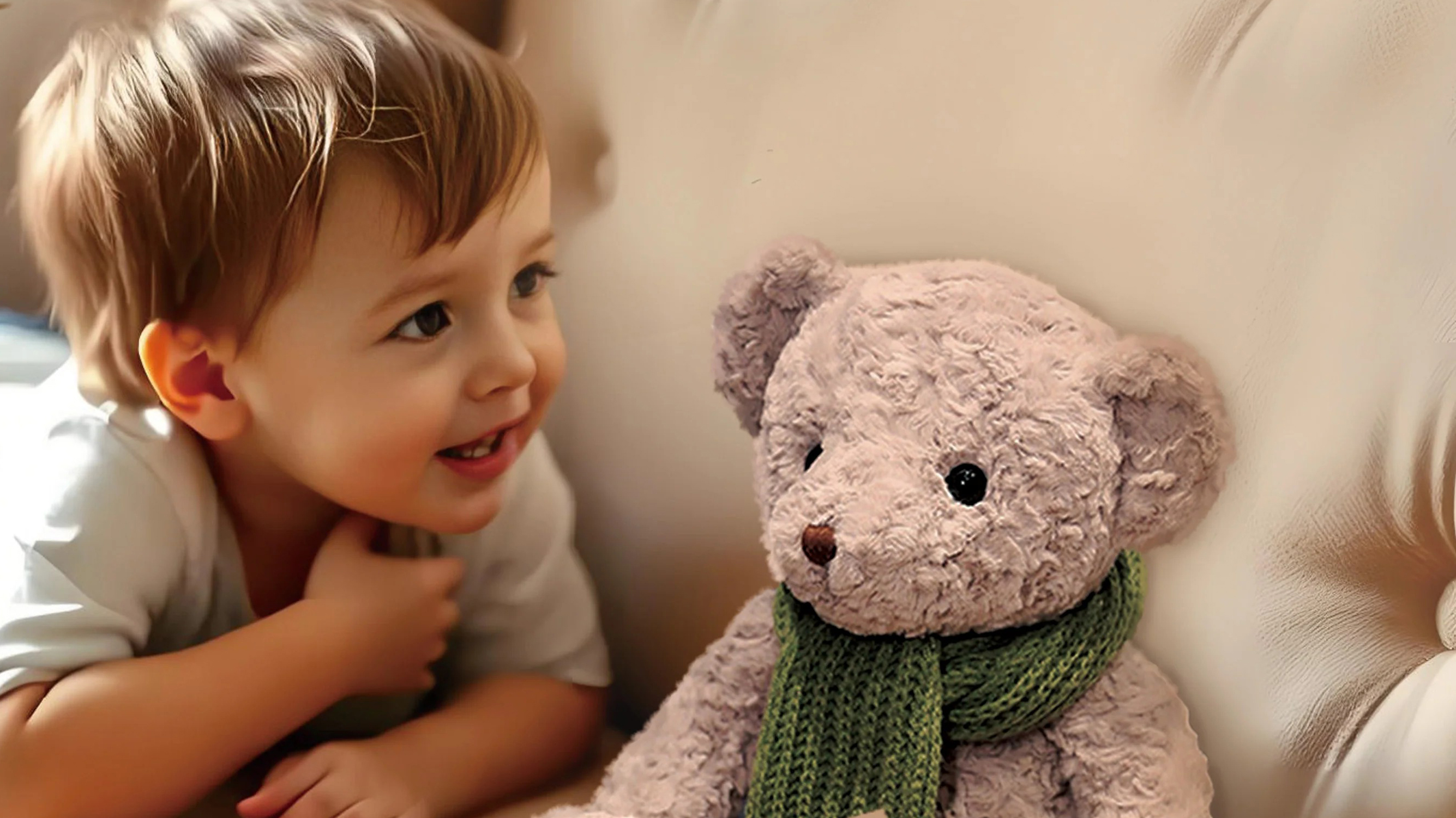 Marketing photo of a child grinning, looking at a teddy bear on a counch.