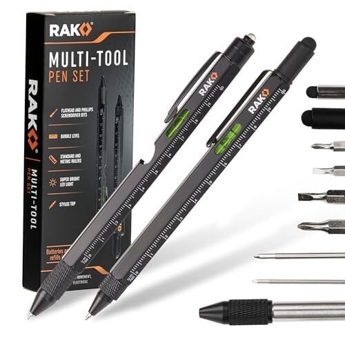 RAK Multitool Pen 2-Pack - Fathers Day Gift, Multi-Tool Pens with LED Light, Flathead & Phillips Screwdrivers, Level, Ruler, Bottle Opener, and Stylus. Cool Gadgets Gifts for Men, Dad, EDC Pen Tool