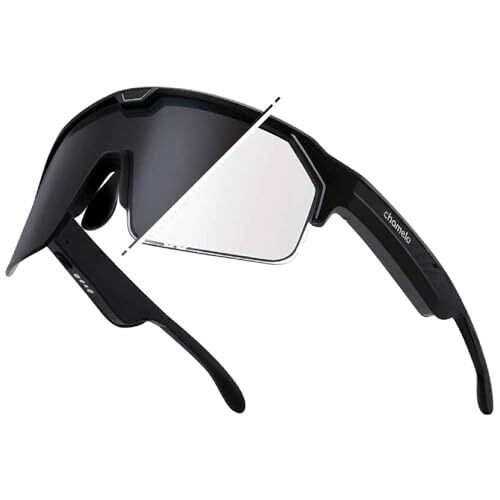 CHAMELO Music Shield Smart Audio Sunglasses – Matte Black Frame, Smoke Lenses | Open-Ear Bluetooth Glasses for Men & Women with Electronic Tint Control, Sweat Proof, Sports Eyewear, 100% UV Protection