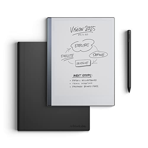 reMarkable Essentials Bundle – Black | reMarkable 2 Paper Tablet | includes 10.3” reMarkable Tablet, Marker Plus Pen with Eraser, Book Folio Cover in Black Leather, and 1-Year Free Connect Trial