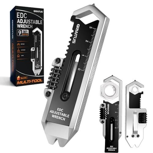 Small Multitool Wrench 9 in 1 Pocket Adjustable Wrench for Screw with Mini Pry Bar Nail Puller Keychain Tool Caliper Measuring Ruler Glass Breaker EDC Gadget Survival Gear for Men Cycling Hiking