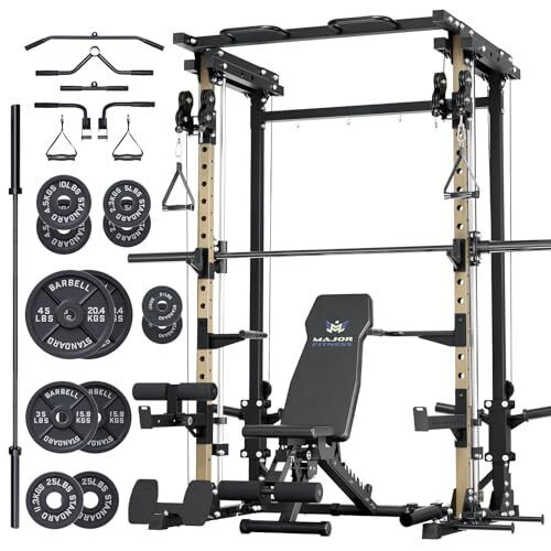 Major Fitness Drone3 Smith Machine with Weight Bench, Barbell & 245lb Plates Set, All-in-One Home Gym Squat Rack with Cable Crossover & Pull-Up Station, Heavy-Duty Strength Training, Khaki