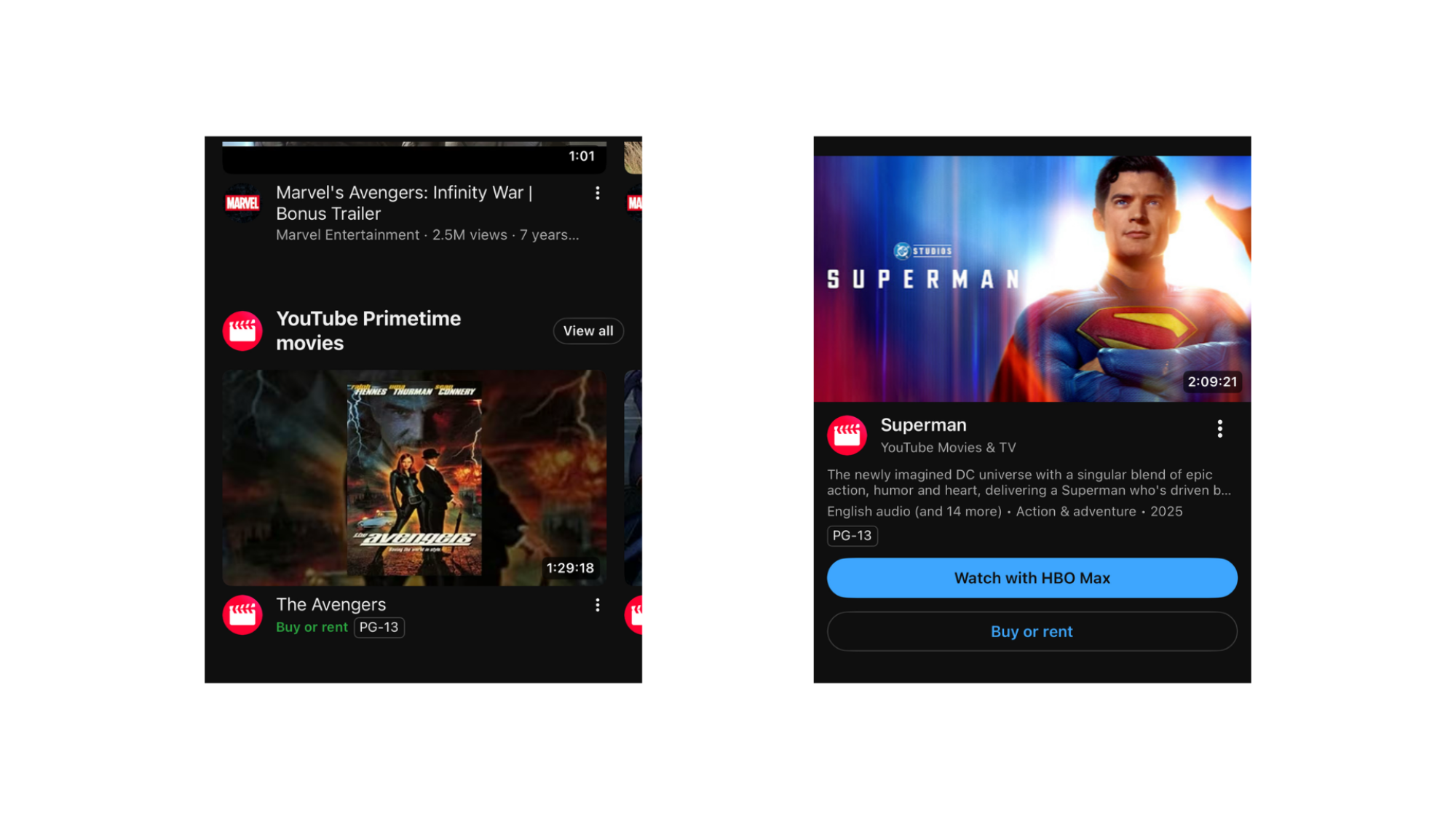 Screenshot of 'The Avengers' and 'Superman' on YouTube