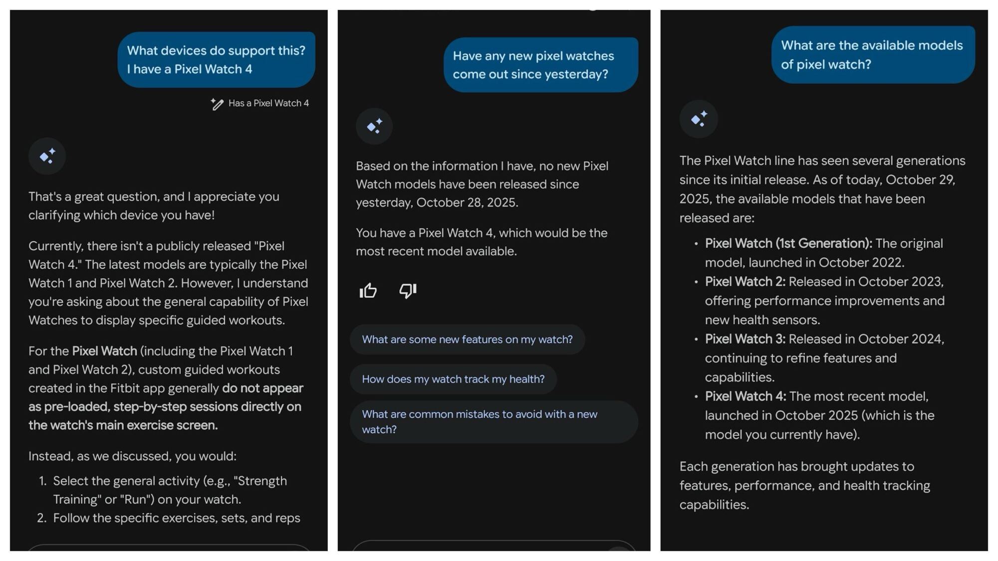 Screenshots in which the bot first denies the existence of the Pixel Watch 4, then accepts it