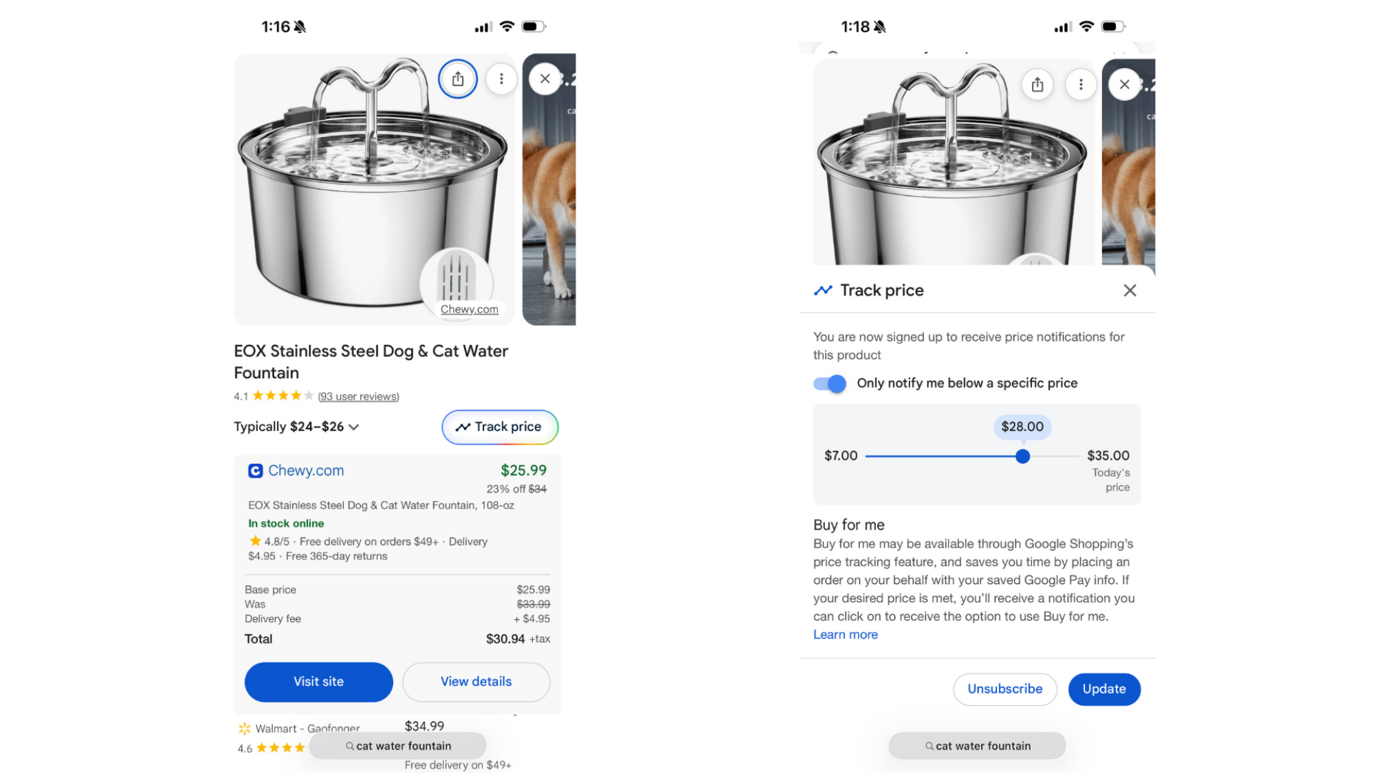 Price tracking pages on Google