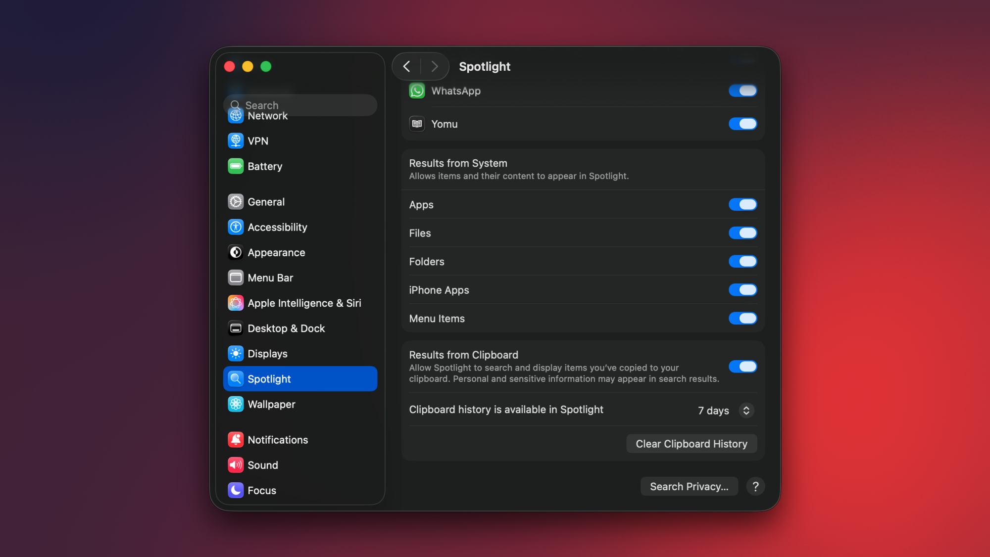 Enabling clipboard history in macOS Tahoe.