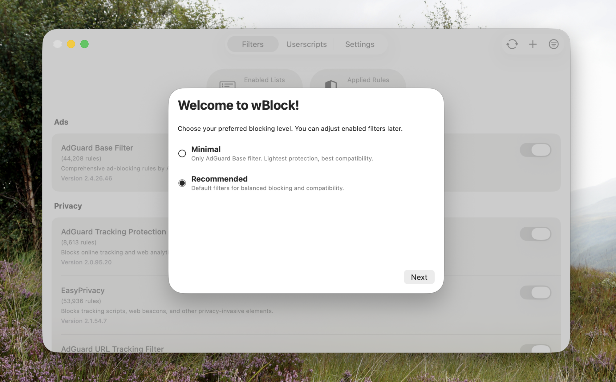 The onboarding for wBlock, asking which filters you'd like to enable.