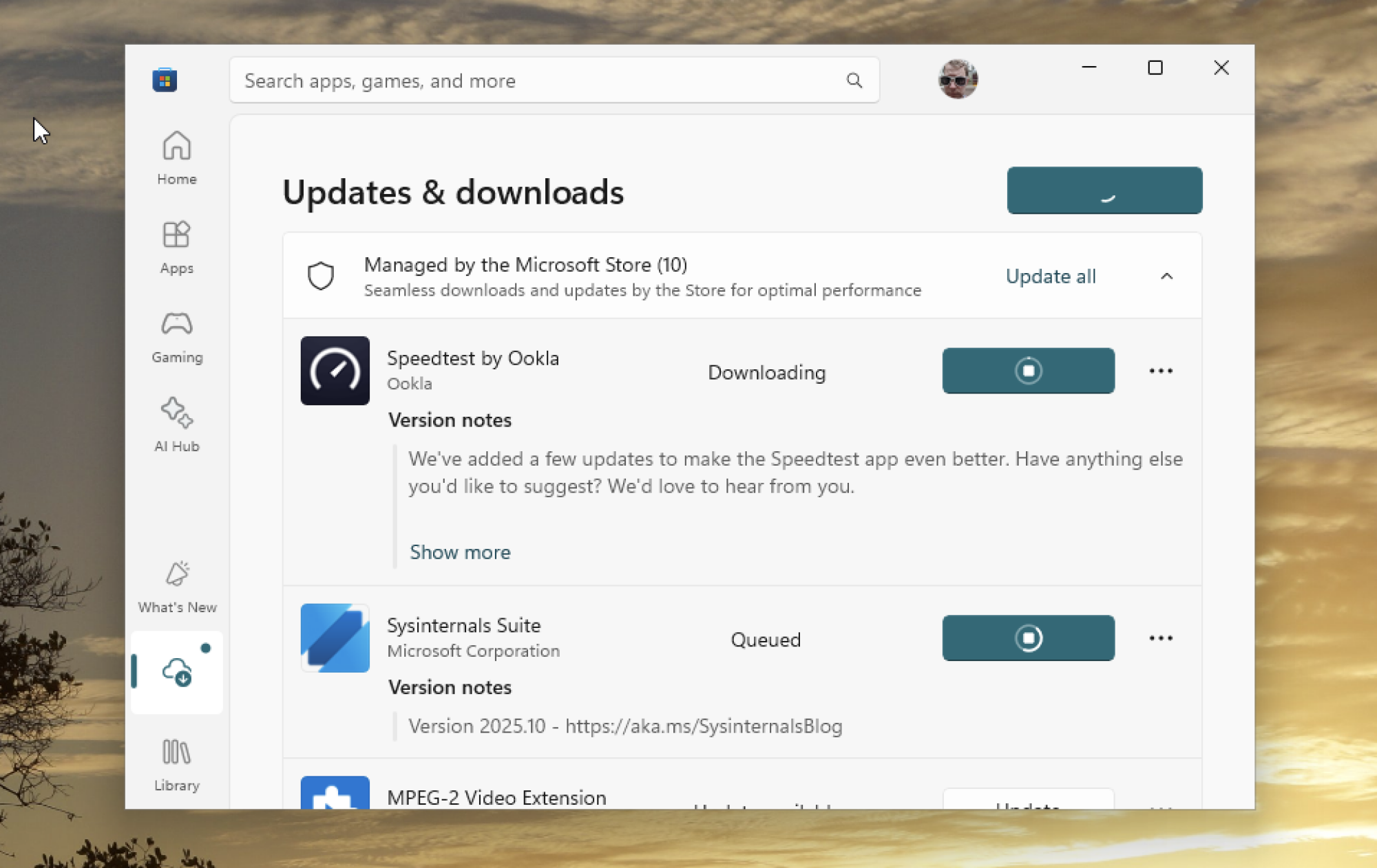 A screenshot of the Microsoft Store installing Speedtest and Sysinternals.