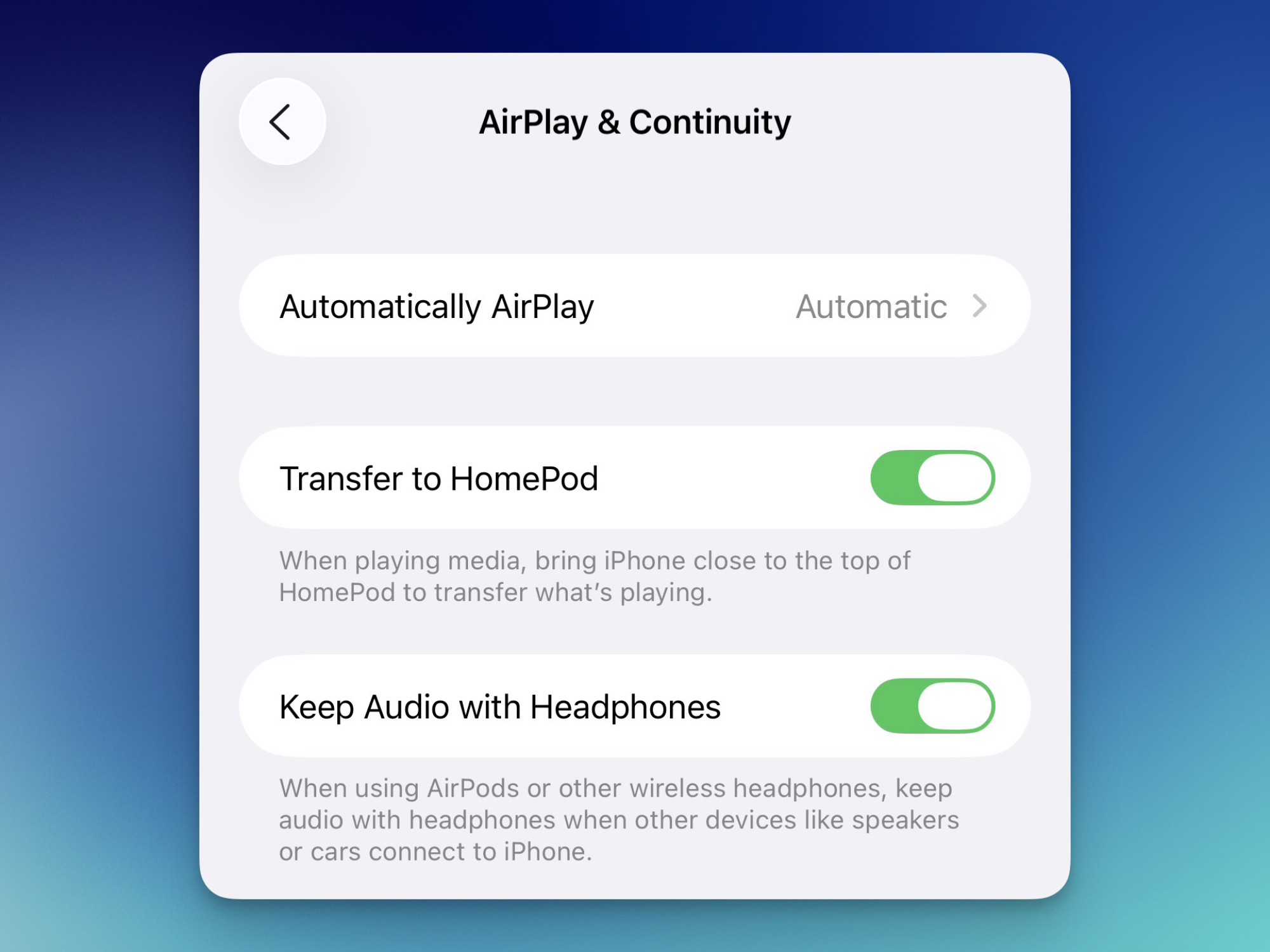Enabling Keep Audio with Headphones feature in iOS 26.