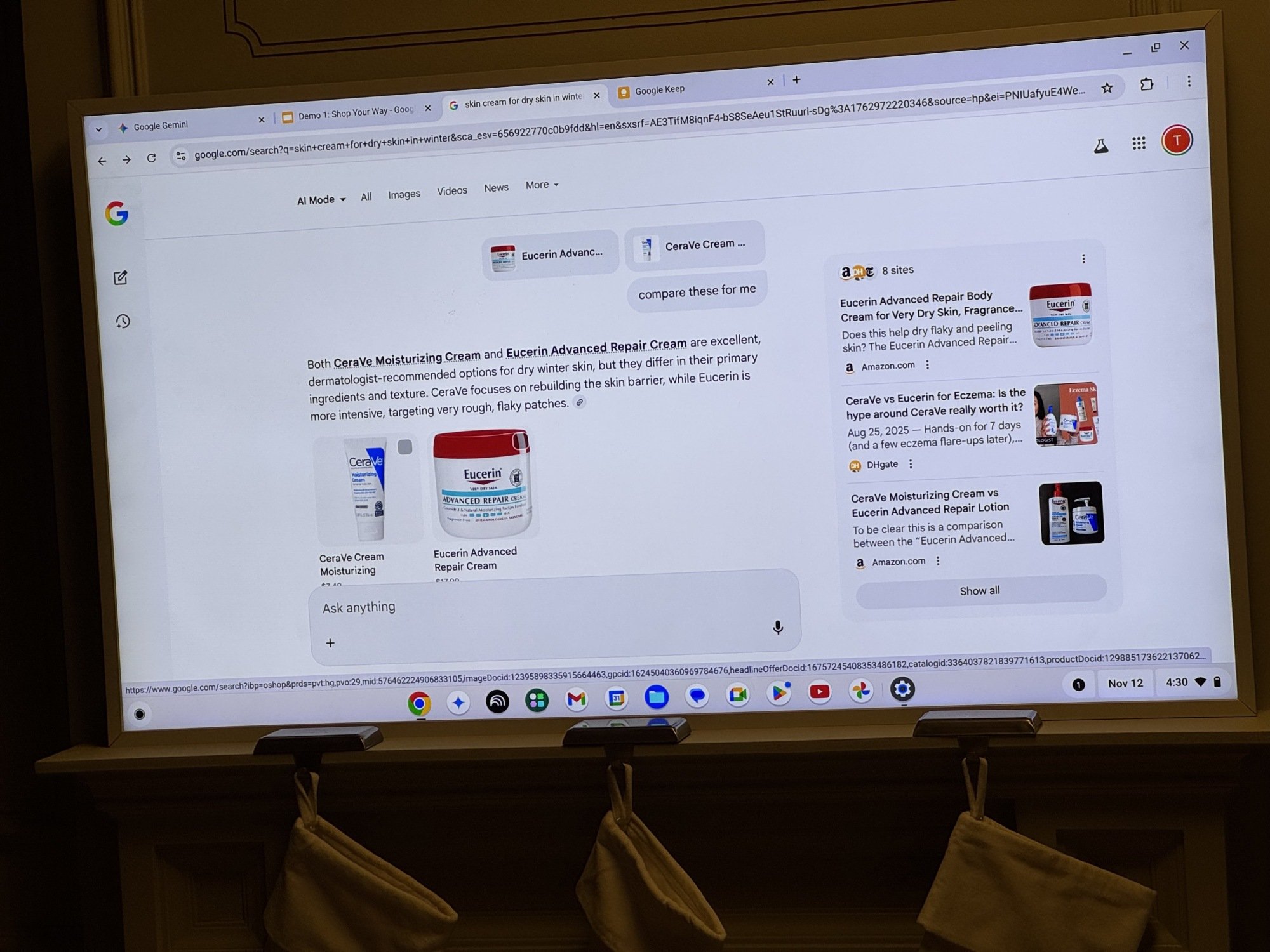 Google Shopping information in AI Mode on desktop