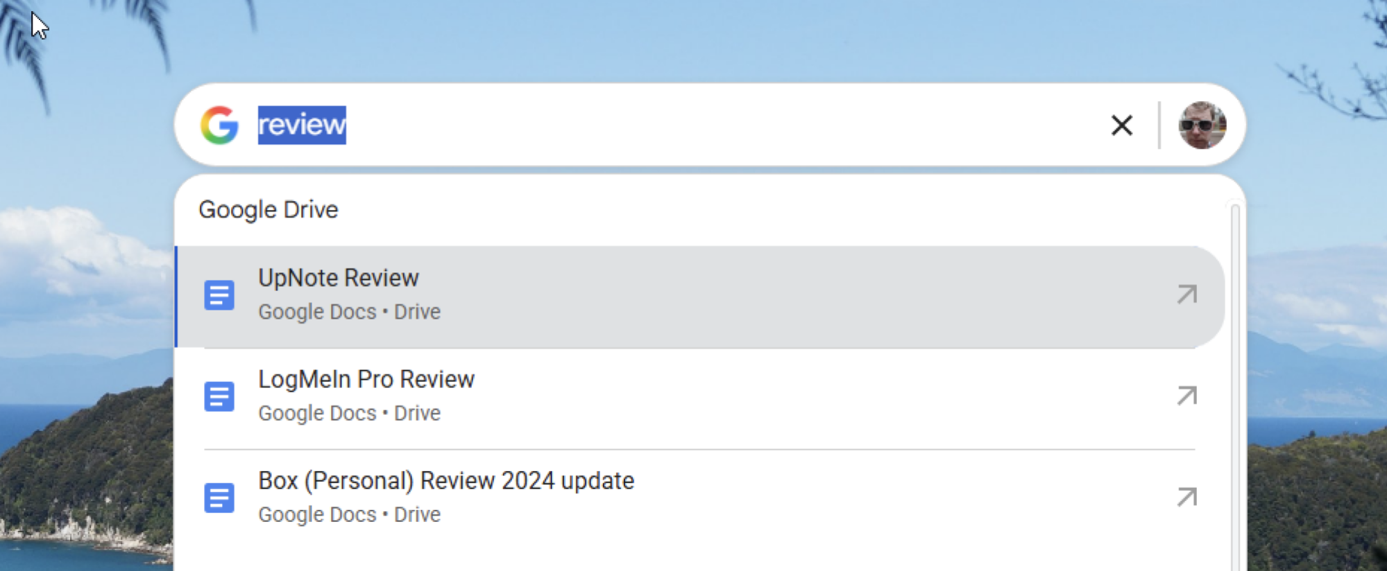 Google App for Windows showing results from Google Drive