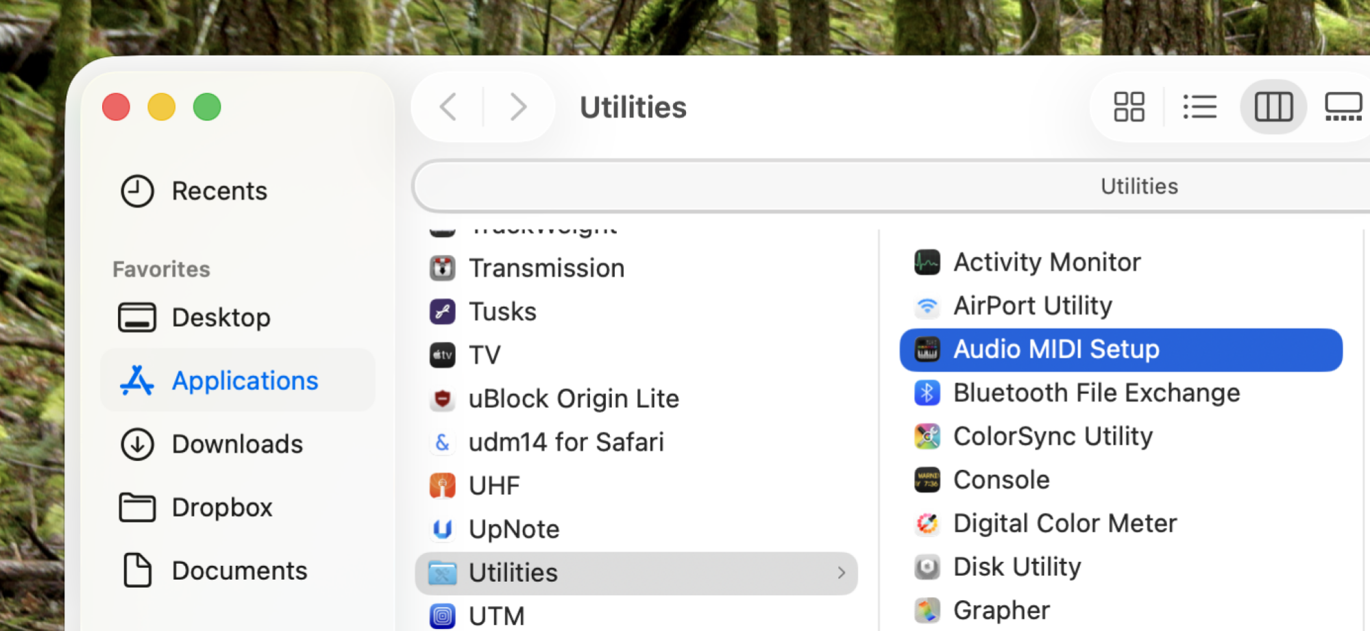 A screenshot of Finder showing where the Audio MIDI Setup application is in the Utilities folder