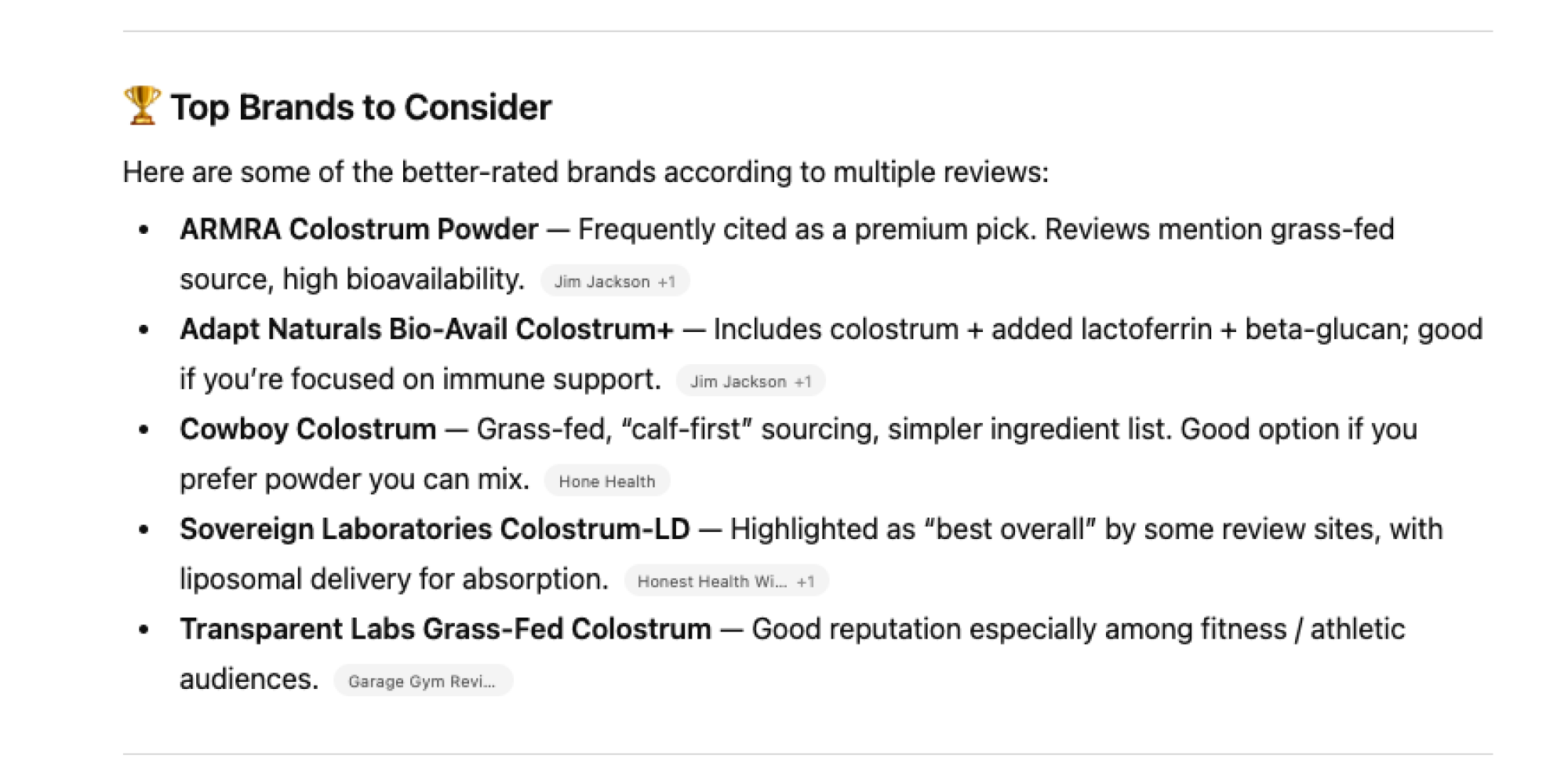 Advice on colostrum brands offered by ChatGPT