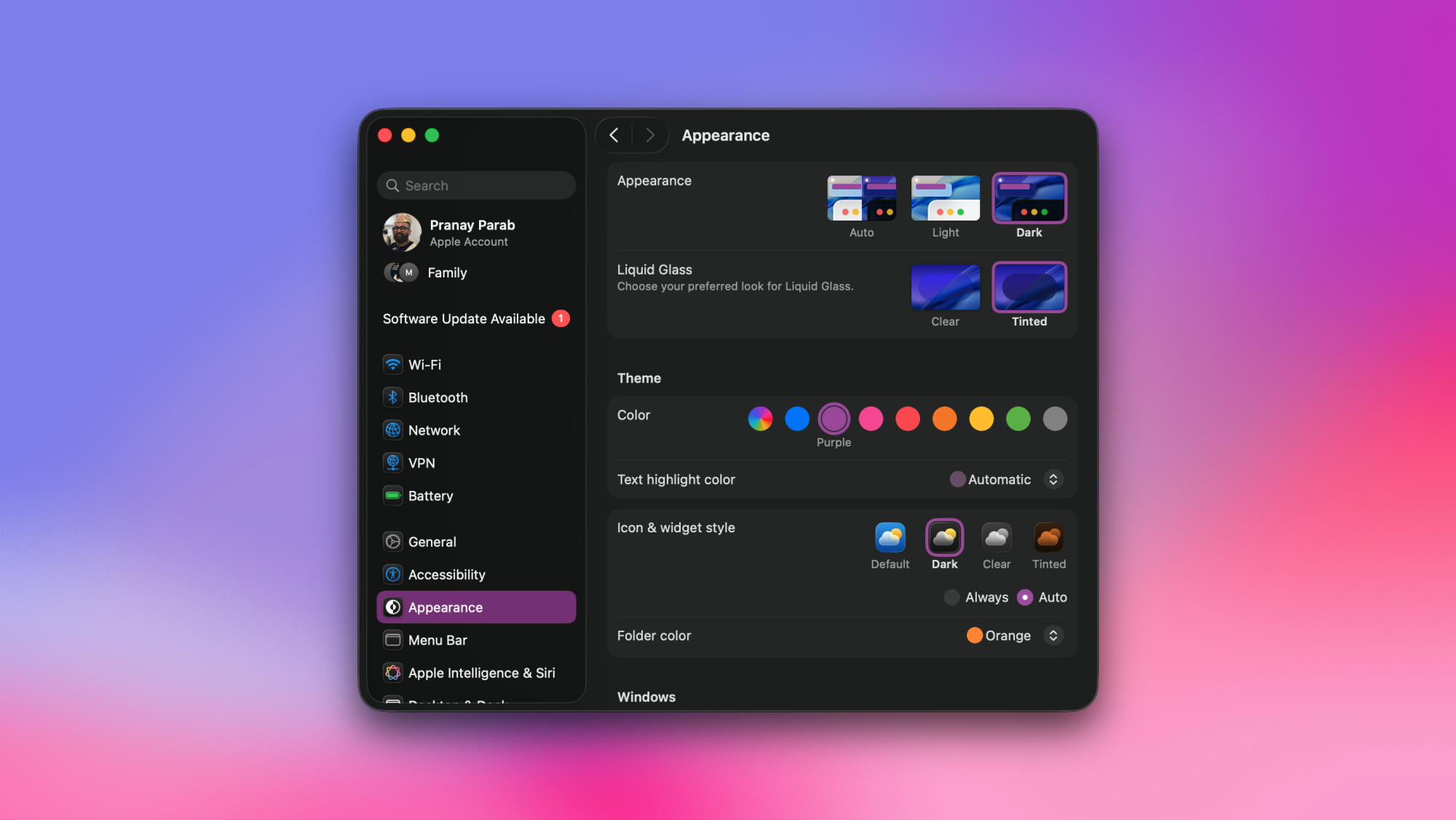 Changing themes in macOS Tahoe settings