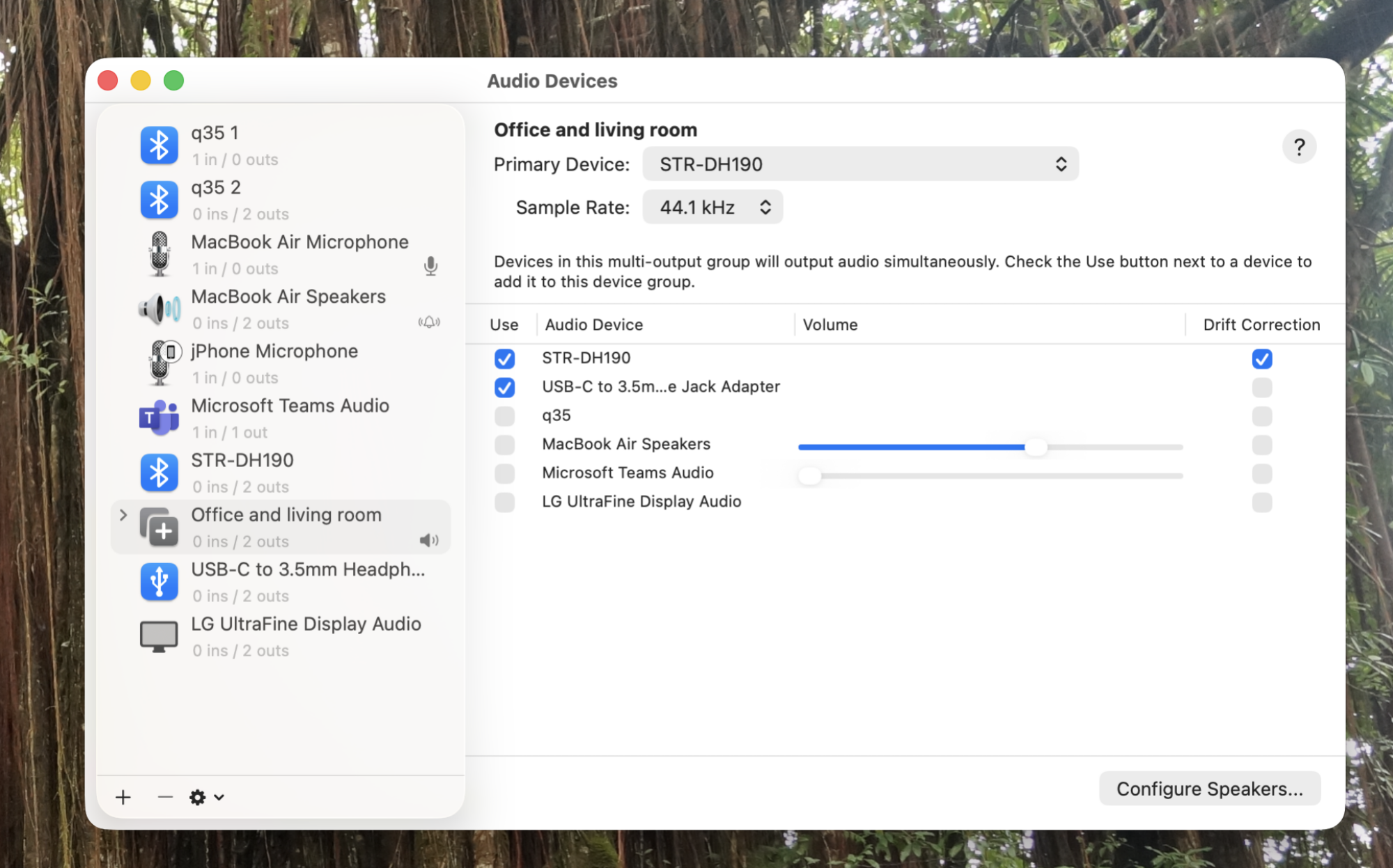 A screenshot of theAudio MIDI Setup application. A multi-output device is created, allowing the user to check as many connected devices as they like