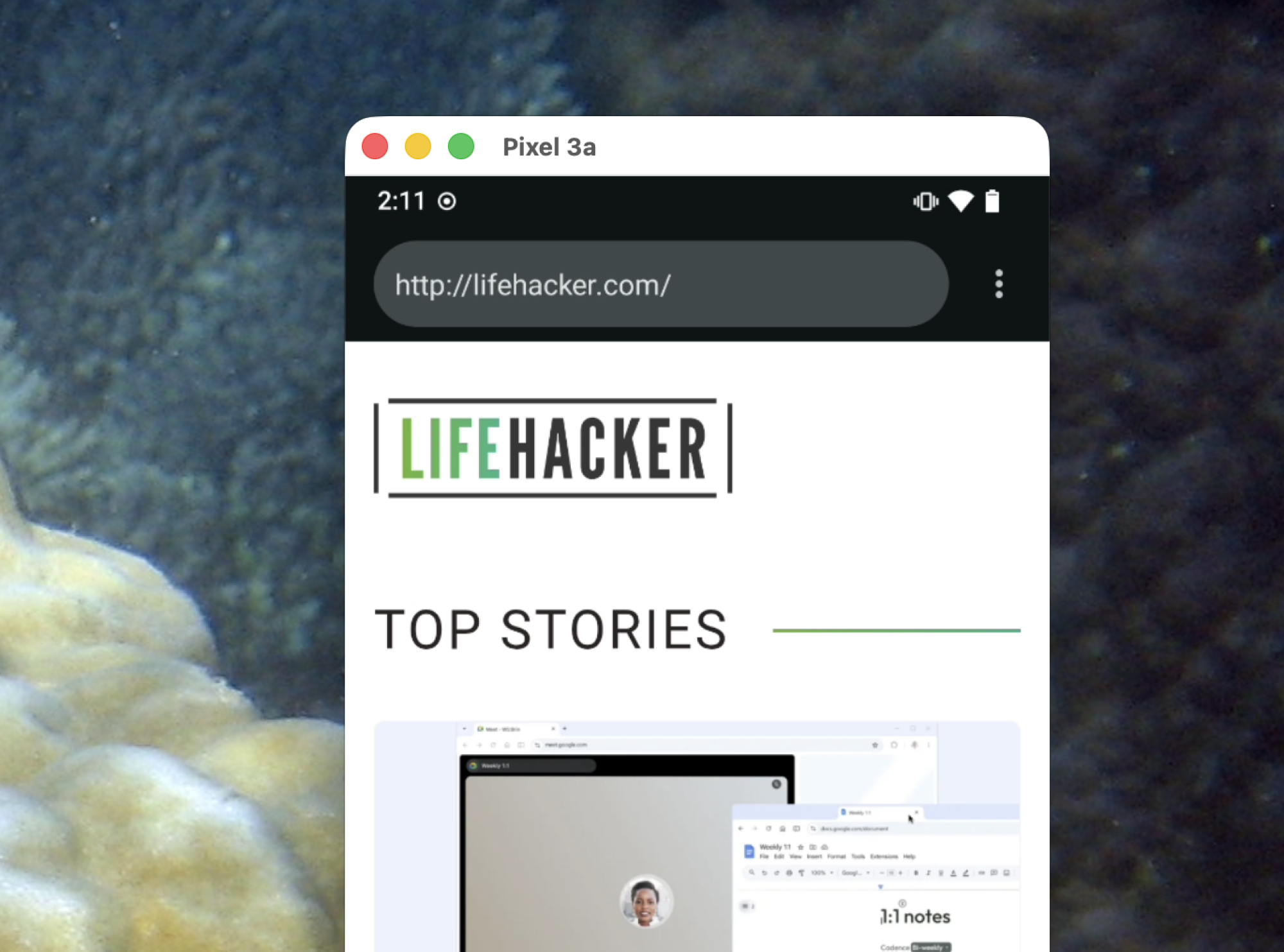 The Lifehacker website open in Android in a macOS window.