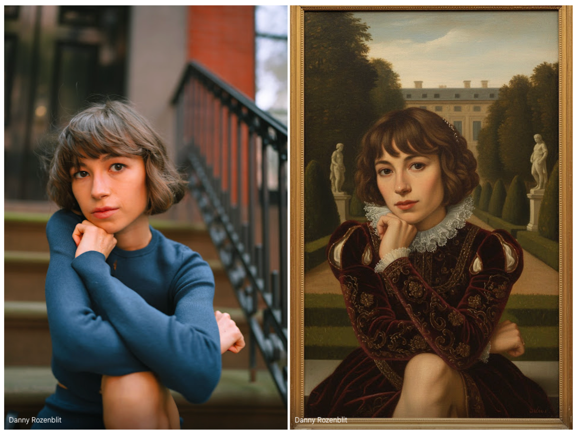 a photo of a woman on a stoop (left) compared to an ai generated image of that woman as royalty