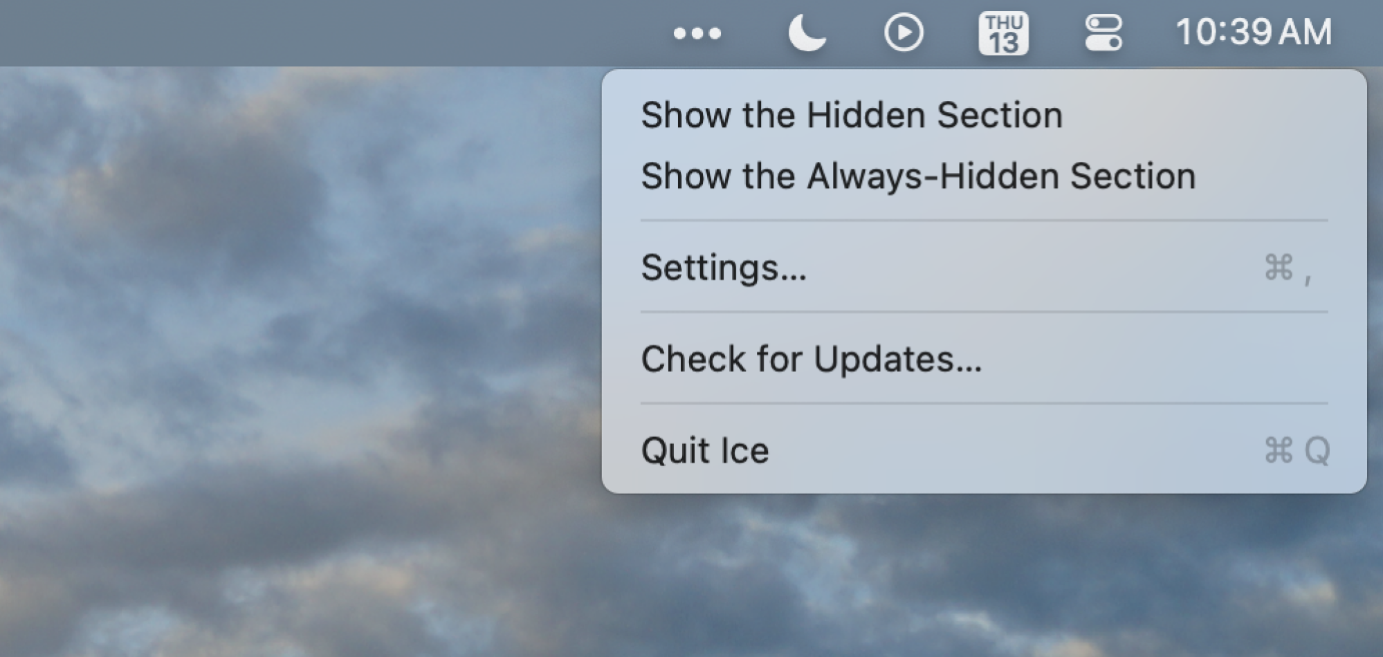 Ice running on a Mac, hidding most of the icons that would otherwise clog the menu bar