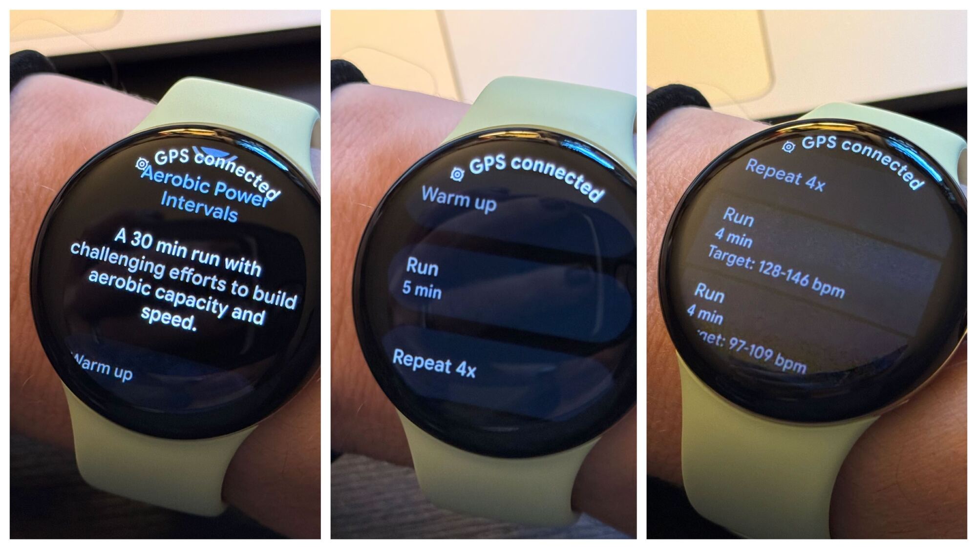 Three screenshots of Pixel Watch 4 showing a Fitbit workout where the numbers don't add up.