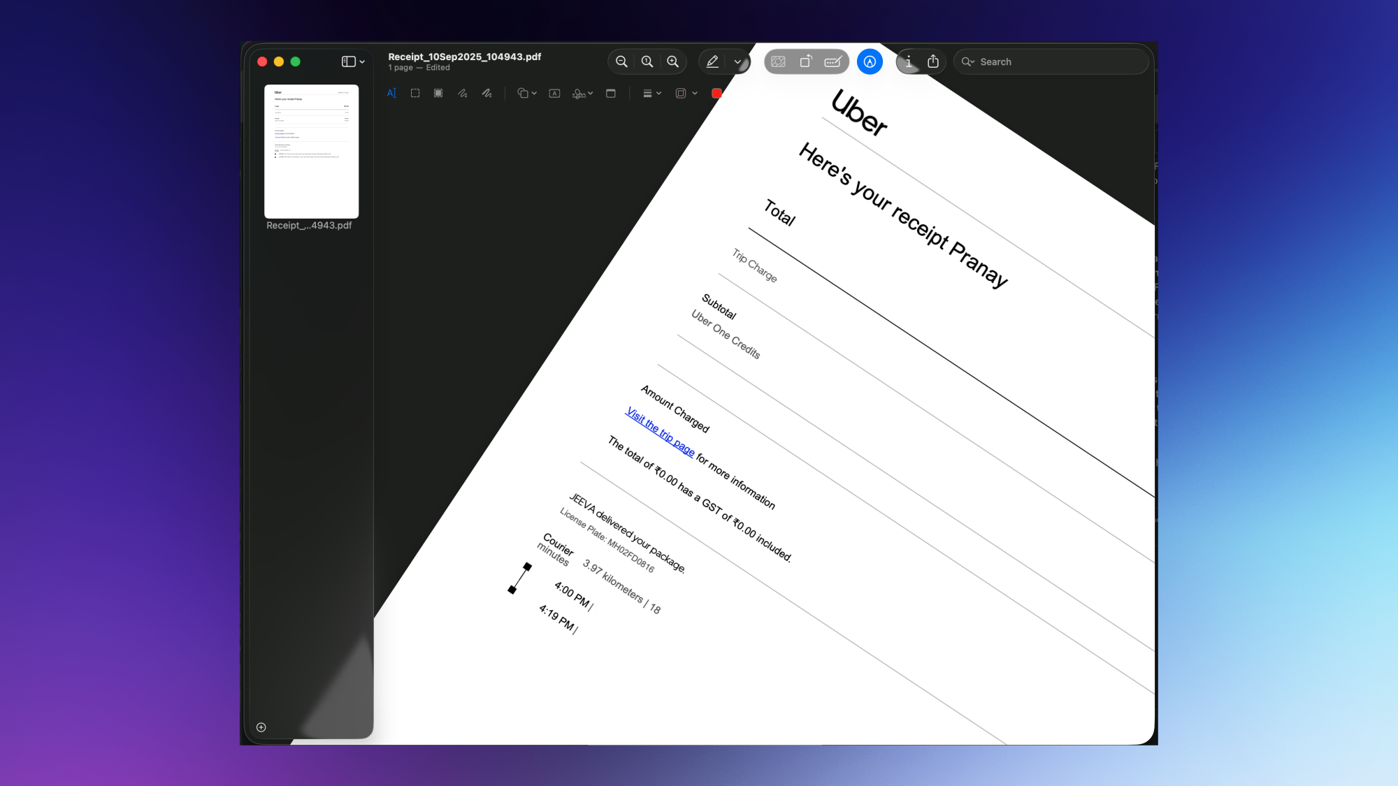 Rotating pages in a PDF file in Preview.