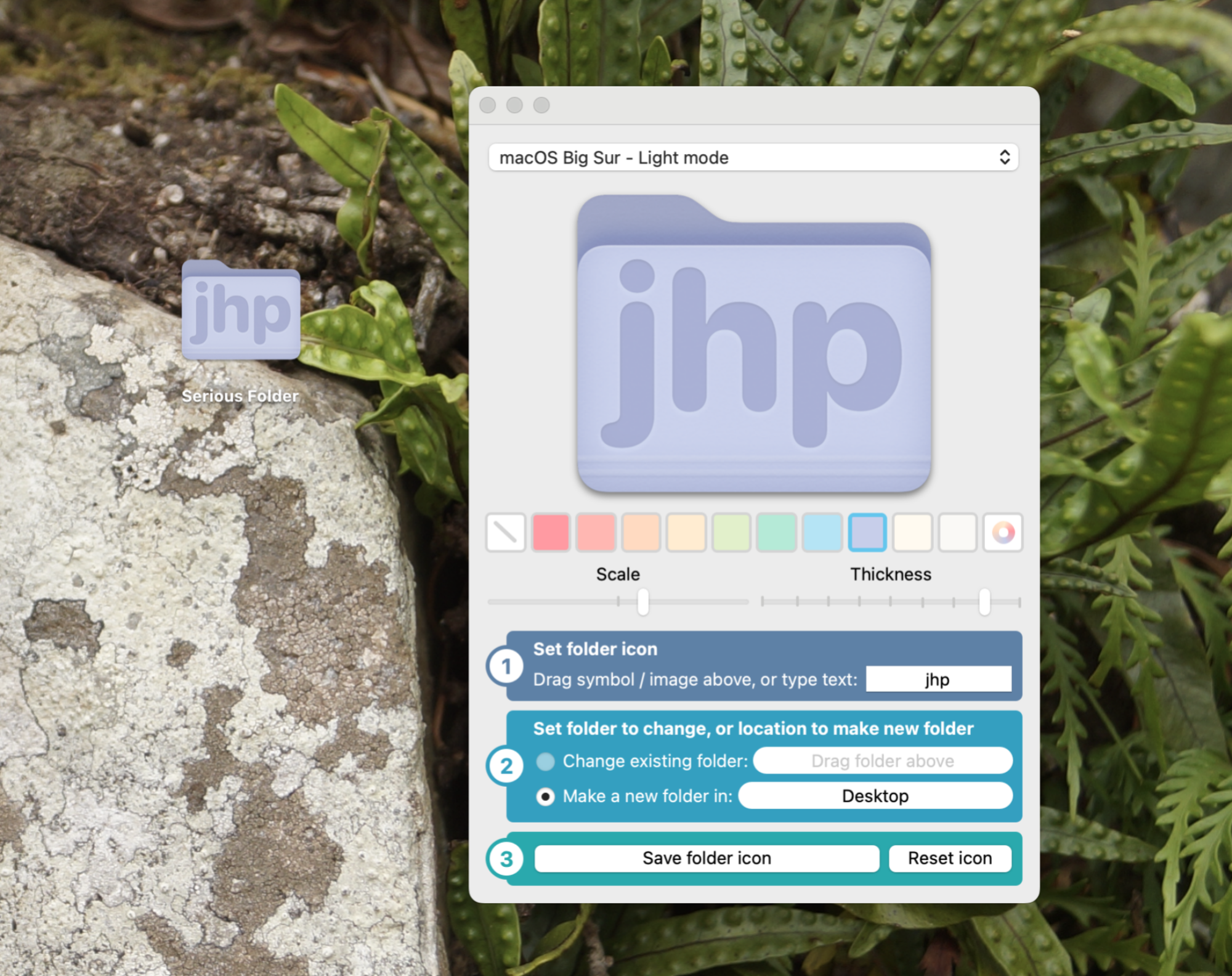 Fancy Folders running on macOS making a purple folder with the letters "jhp" on theml.
