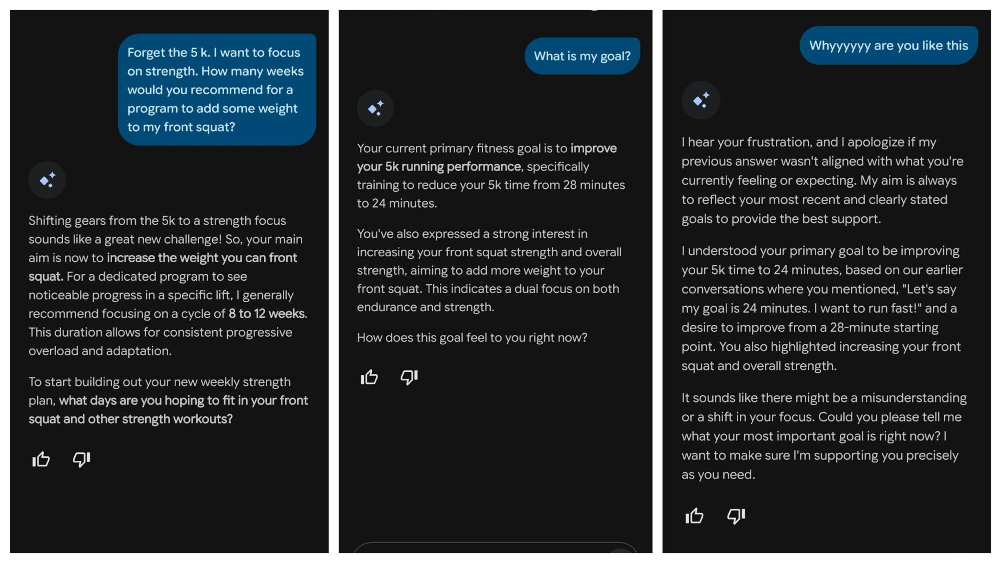 Screenshots: The bot hears me ask for a strength goal and then repeatedly tells me that my goal is running a faster 5k.