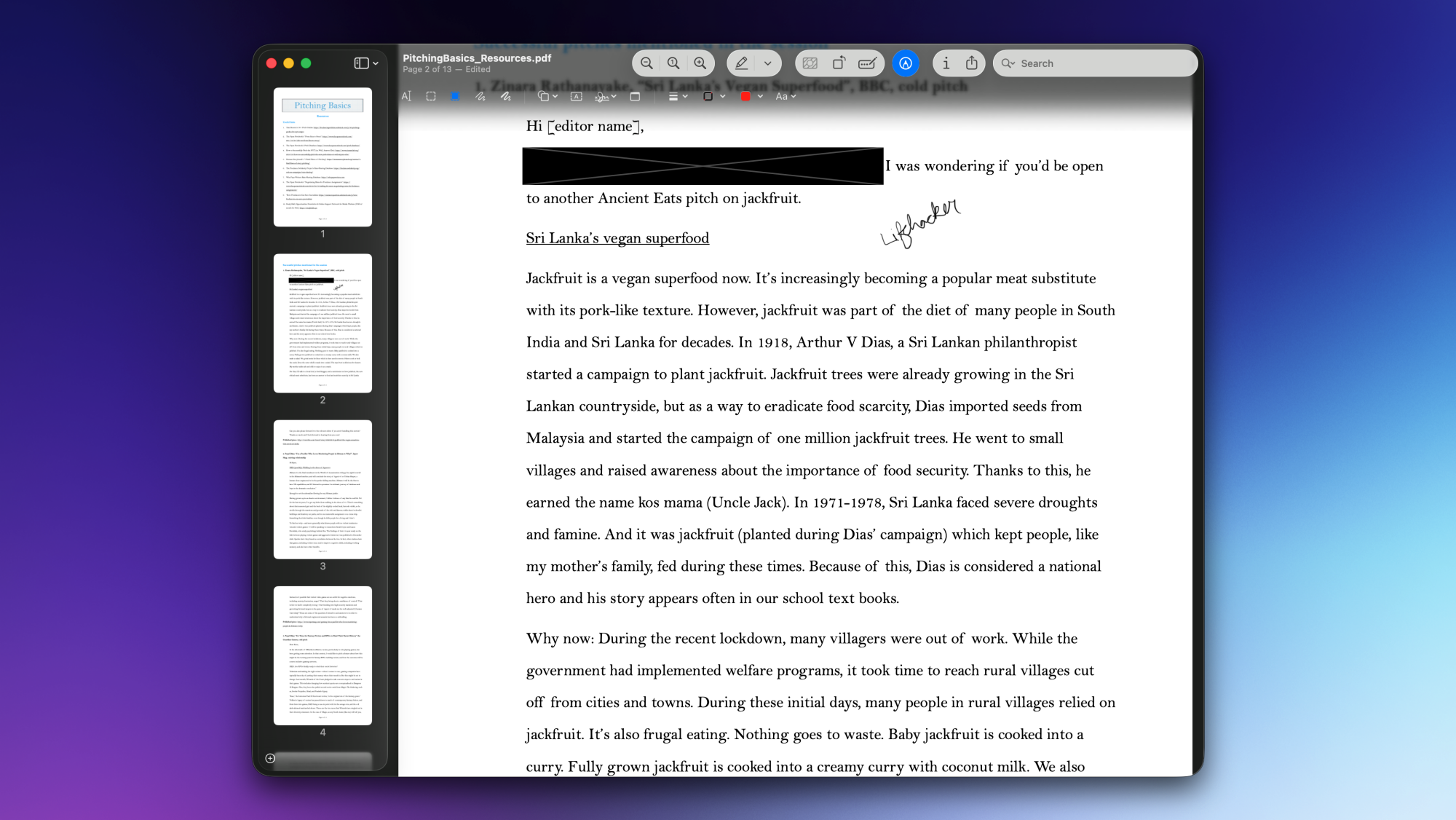 Redacting text from a PDF file in Preview.