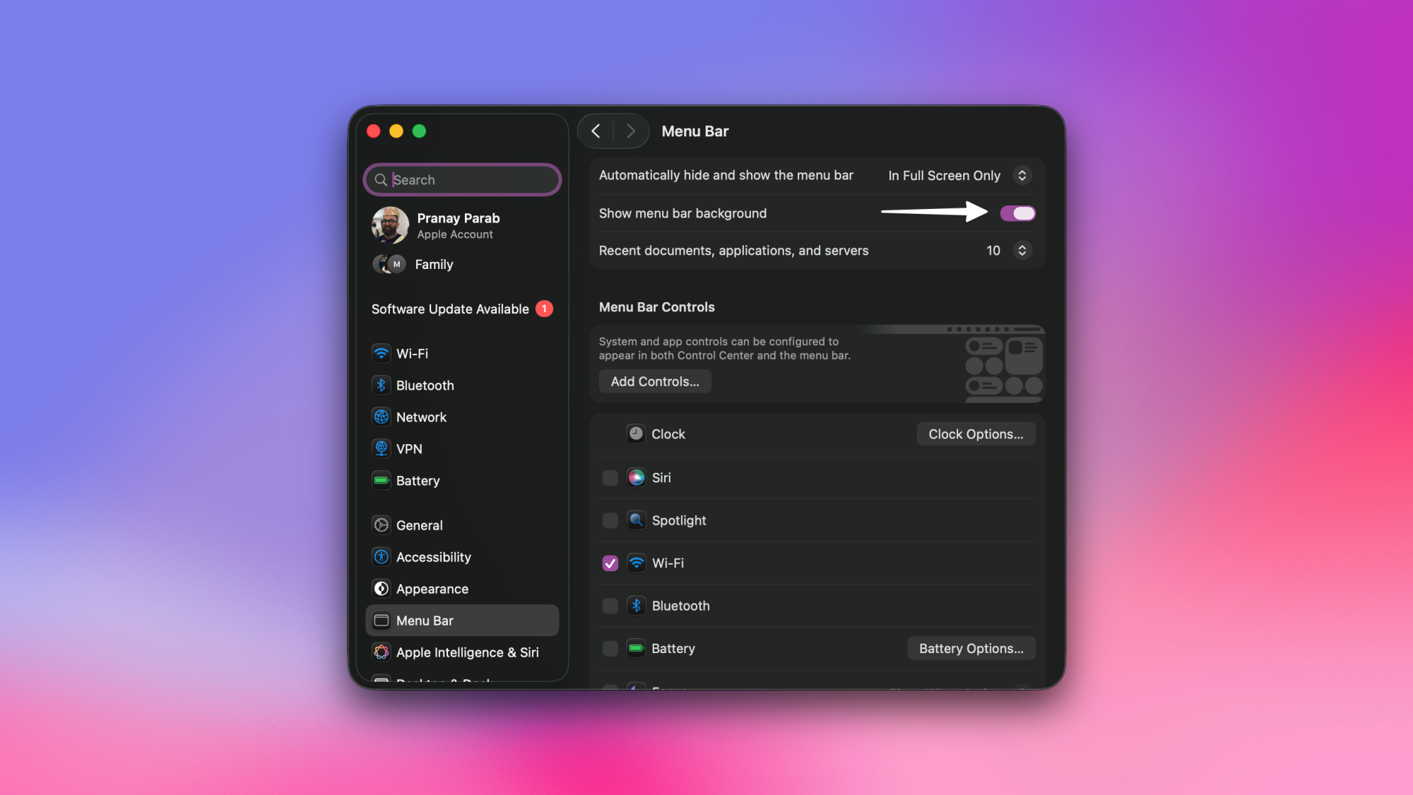 Adding a background to the menu bar