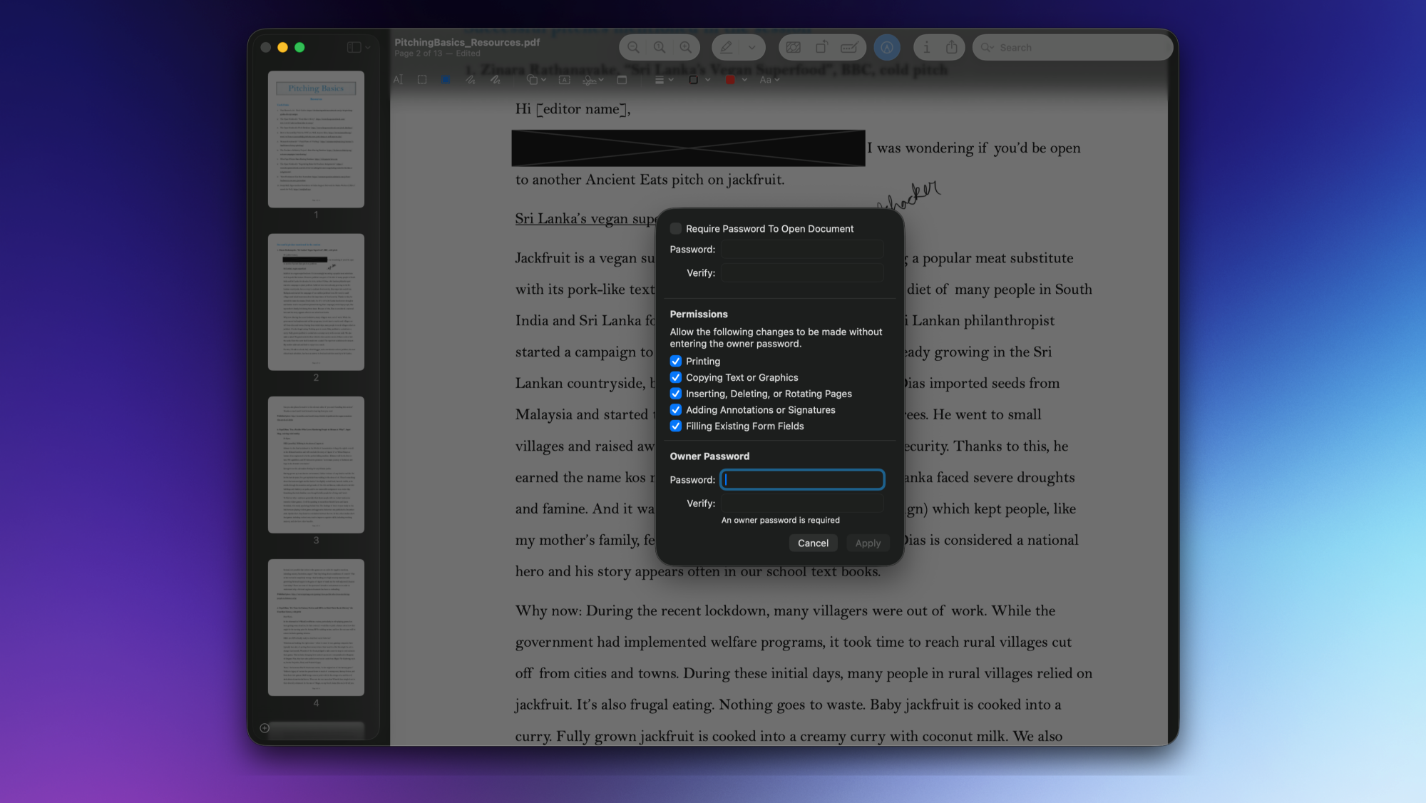 Adding a password to a PDF file in Preview.
