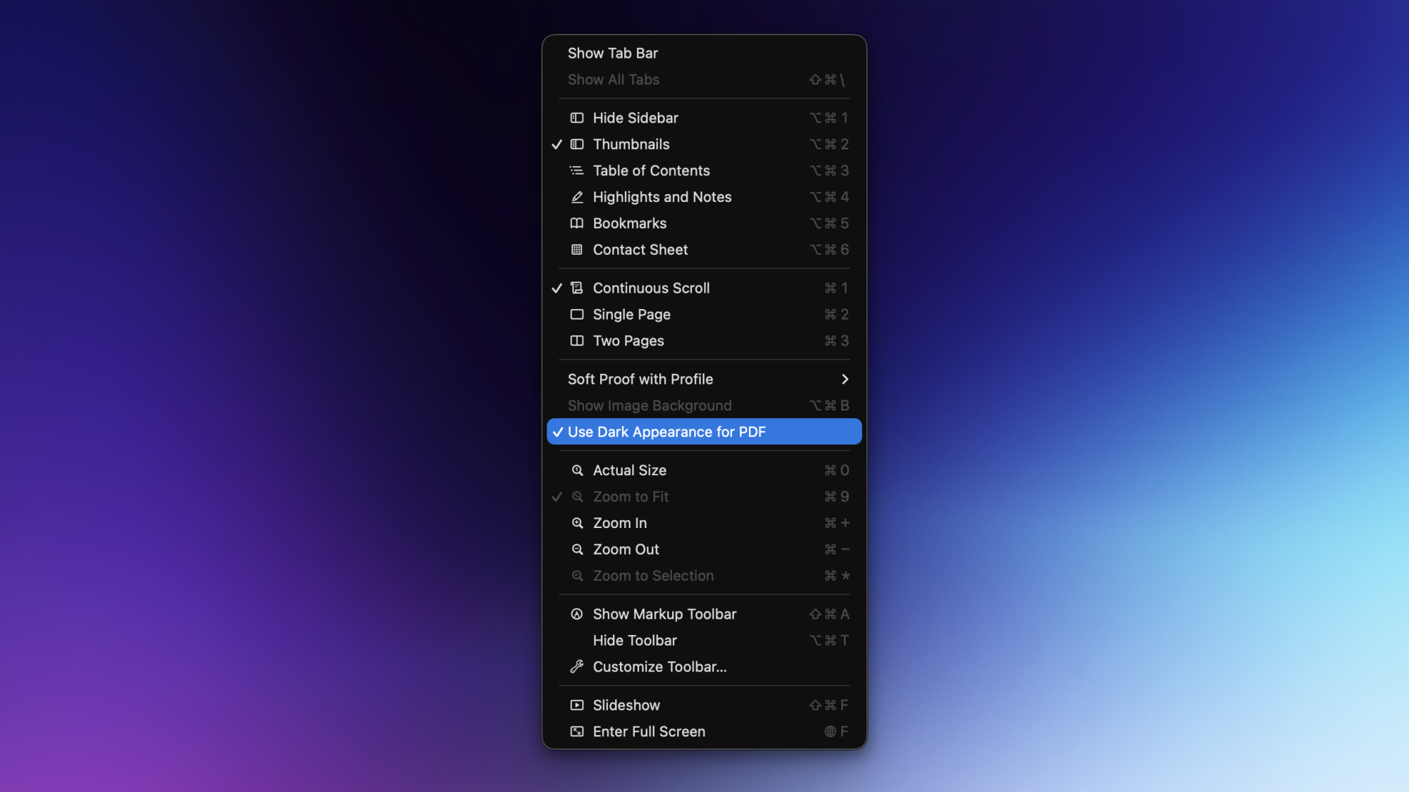 Using dark mode in PDFs in macOS Tahoe's Preview app.
