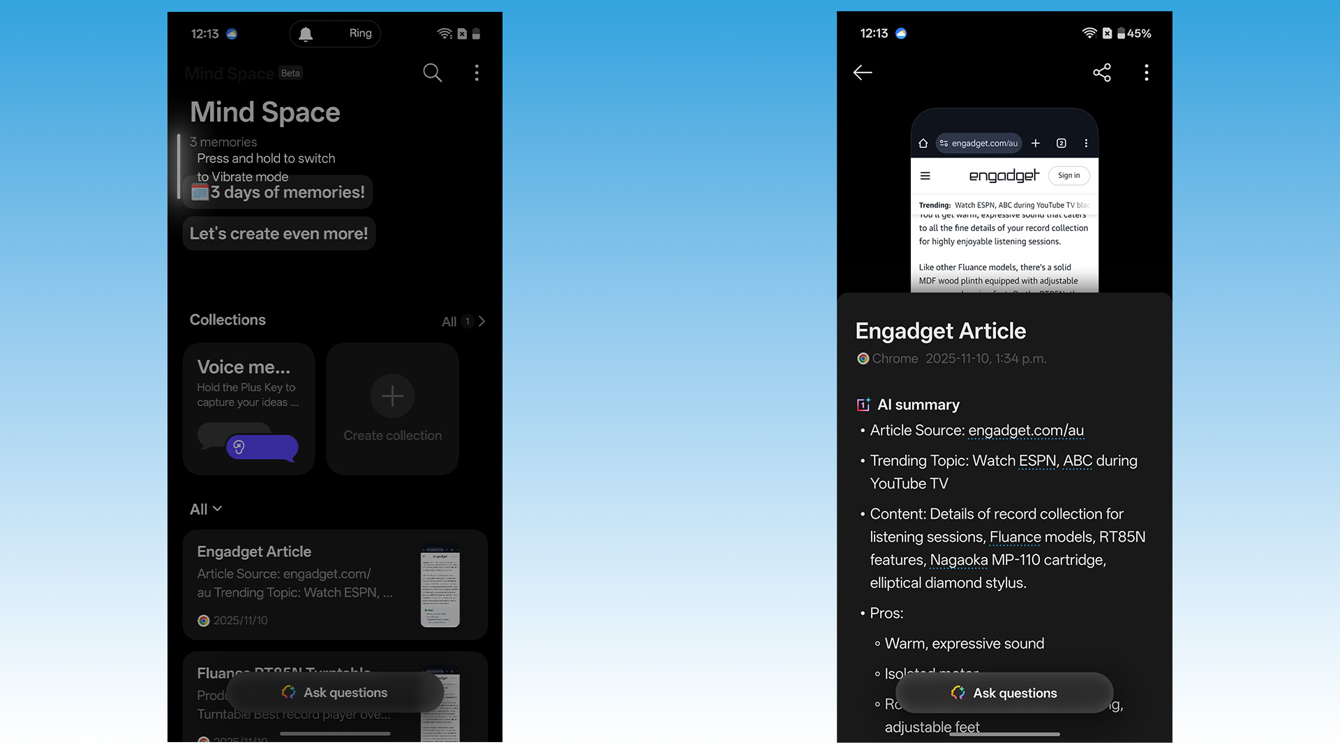Two screenshots showing of the OnePlus Mind Space