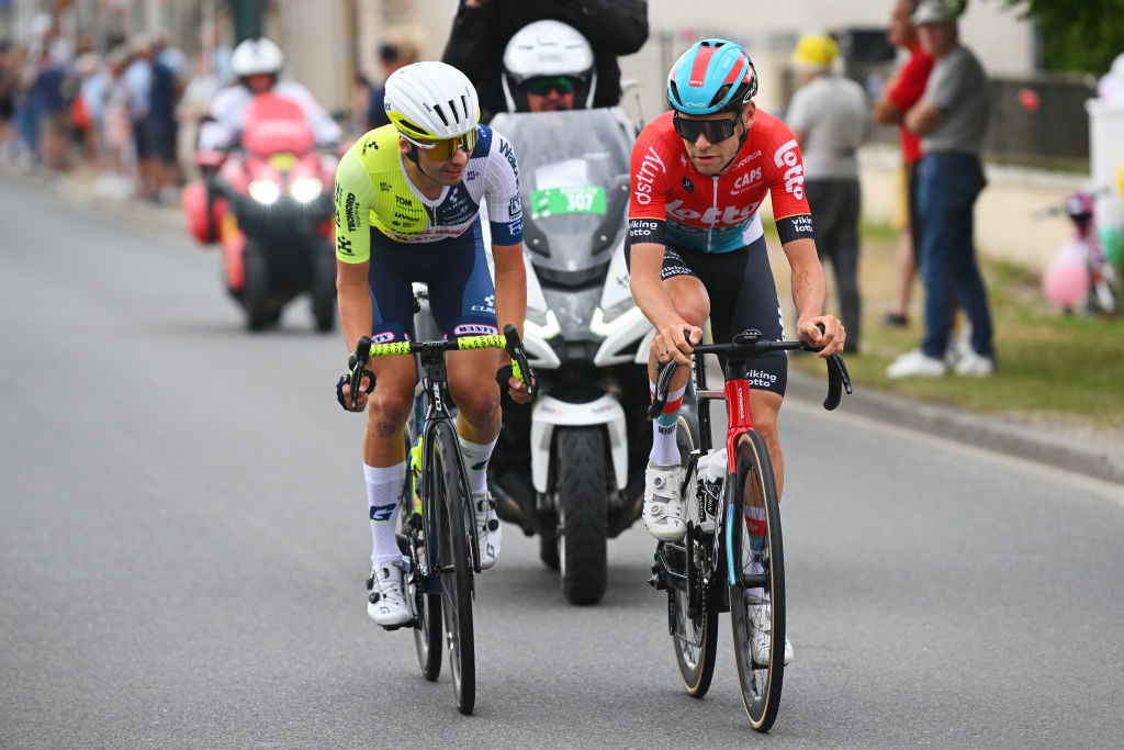 SAINT-AMAND-MONTROND, FRANCE - JULY 09: (L-R) Kobe Goossens of Belgium and Team Intermarche - Wanty and Brent Van Moer of Belgium and Team Lotto Dstny compete in the breakaway during the 111th Tour de France 2024, Stage 10 a 187.3km stage from Orleans to Saint-Amand-Montrond / #UCIWT / on July 09, 2024 in Orleans, France. (Photo by Dario Belingheri/Getty Images)