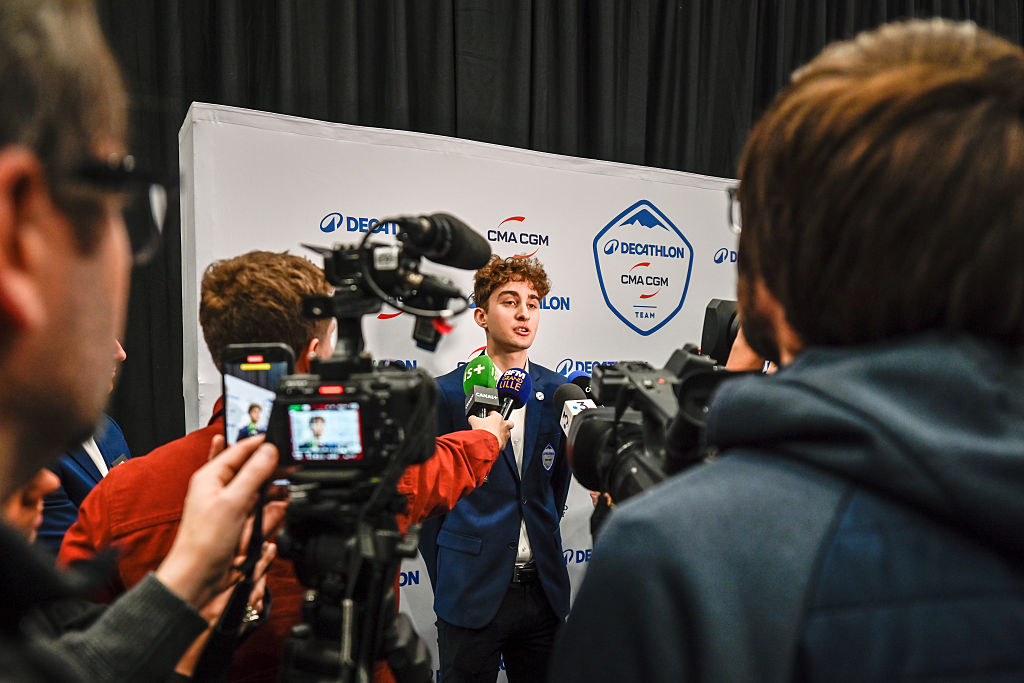 Young French rider Paul Seixas responds to the press after the team presentation of the DECATHLON - CMA CGM cycling team ahead of the coming 2026 season, in Villeneuve d'Ascq, France, on December 11, 2025. (Photo by Gautier Demouveaux/NurPhoto via Getty Images)