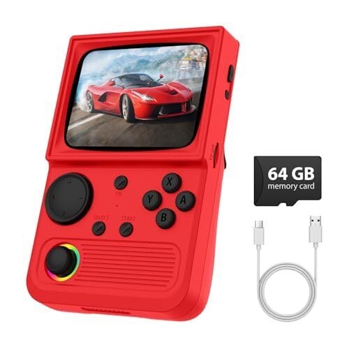 R36T Retro Gaming Console, 3.5'' IPS Screen CRT-Inspired, Handheld Game Console with 18000+ Classic Games Supports WiFi Networked Fighting and OTG, 3500mAh Battery, with Portable Case(Red 64GB)