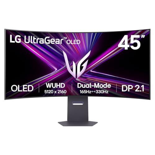 LG 45GX950A-B 45-inch Ultragear 5K2K WUHD (5120 x 2160) OLED Curved Gaming Monitor, Dual-Mode, 165Hz, 0.03ms, NVIDIA G-Sync, AMD FreeSync Premium Pro, HDR True Black 400, USB Type-C 90W, DP2.1, Black