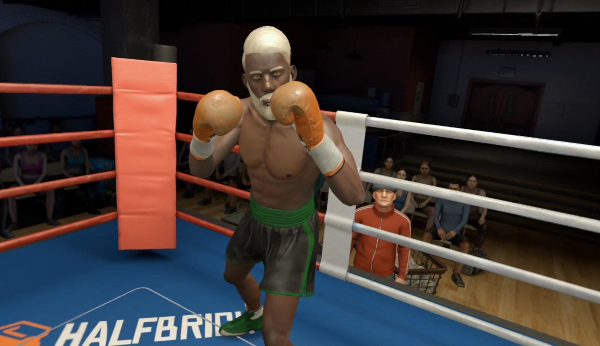 A virtual boxing game where the opponent faces the viewer with gloves up, and a crowd in the background