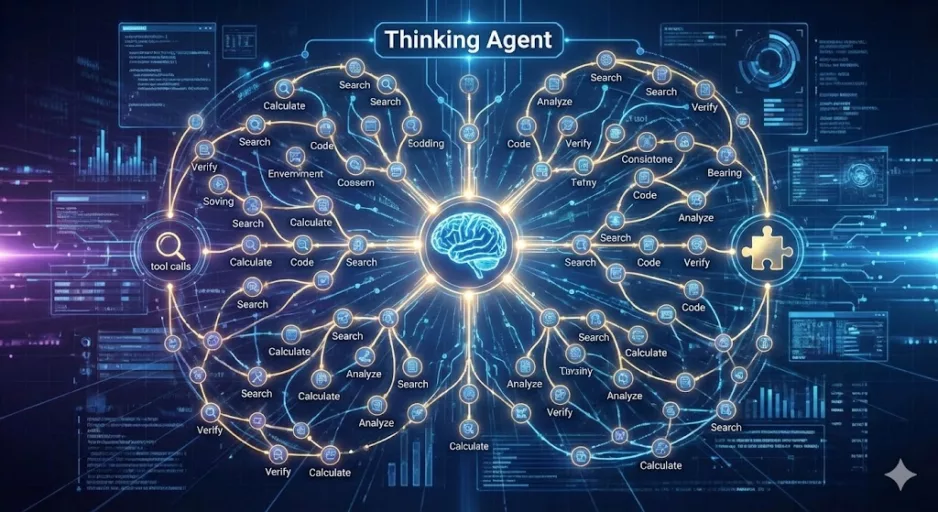 A visualization of a thinking agent's complex decision-making process, involving hundreds of sequential steps and tool calls.
