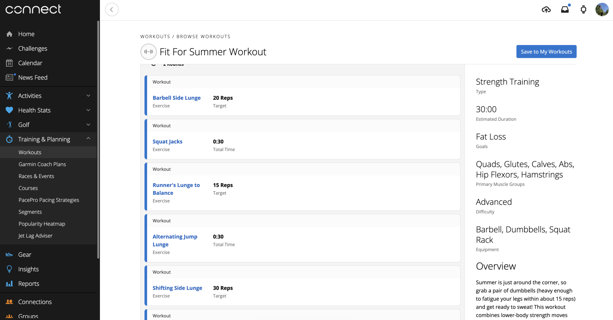 A workout in Garmin Connect web