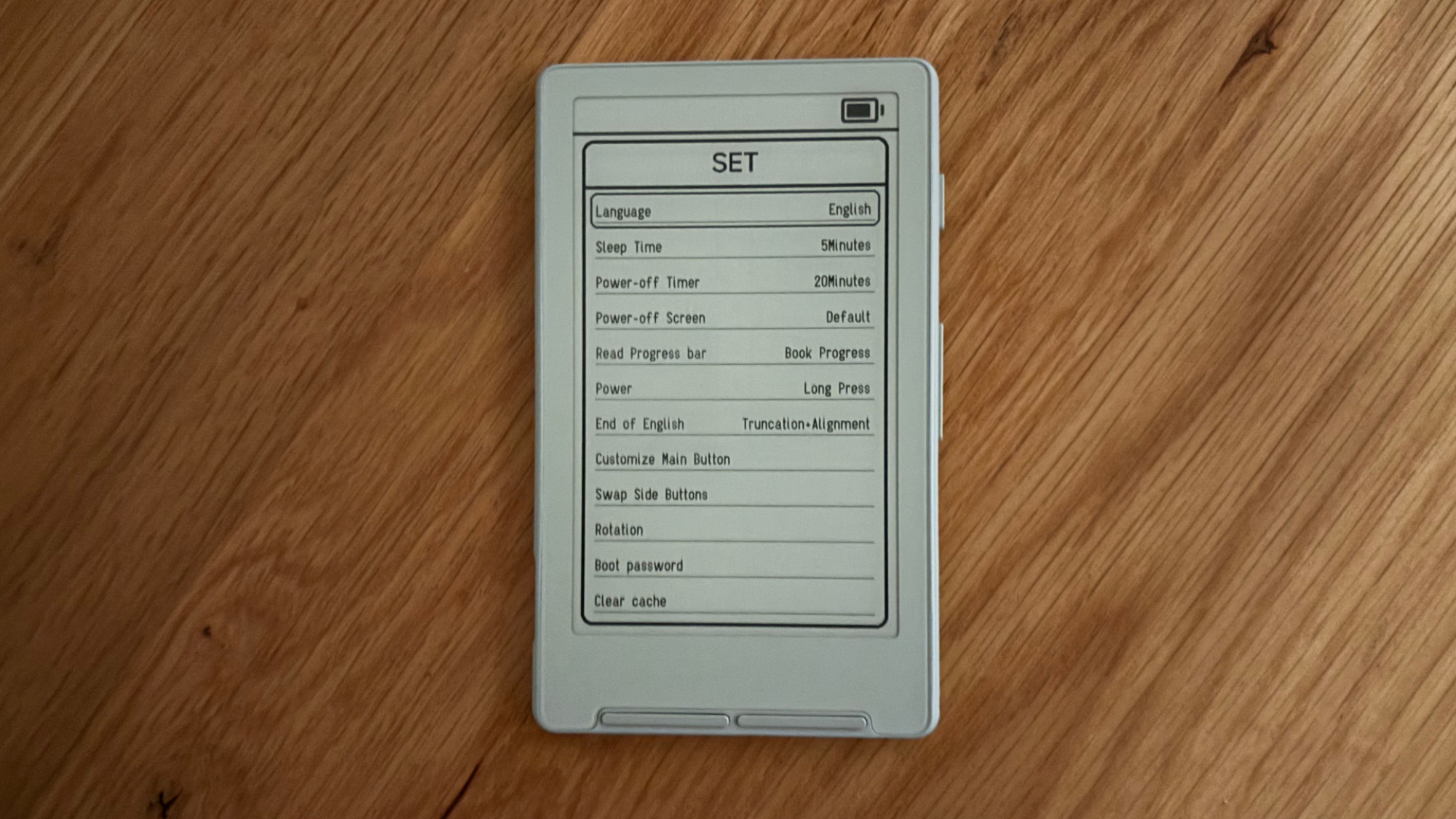 xteink ereader with settings menu open