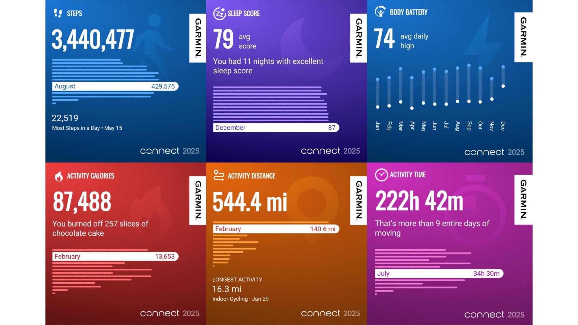 6 screenshots of Garmin Year in Review cards